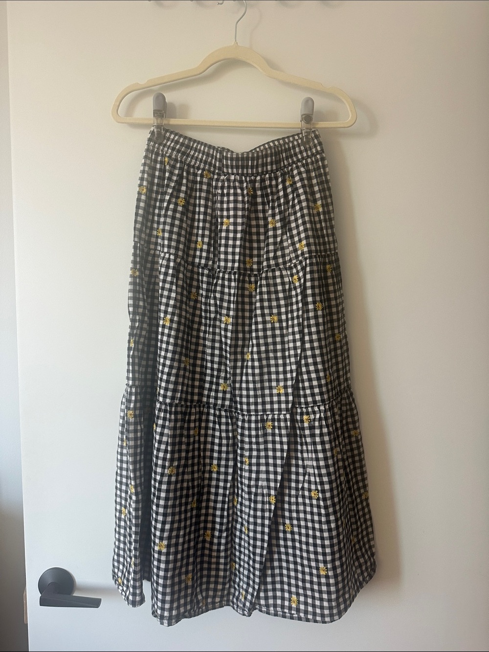 Old Navy Black Gingham Maxi Skirt with Yellow Floral Accents